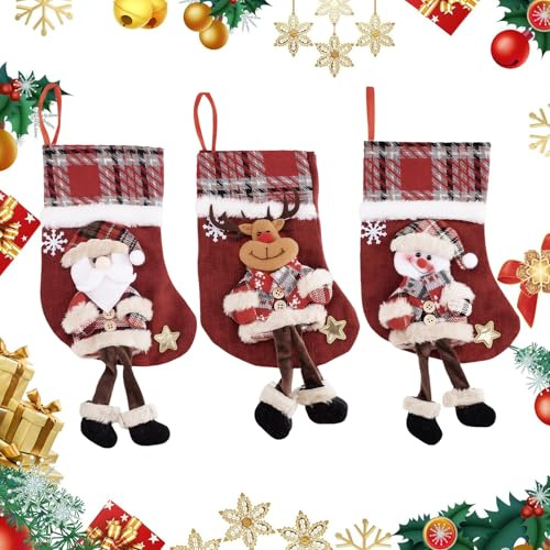 PacuM 3 Pairs Christmas Stockings With Reindeer Snowman Designs Santa Stocking Non-Woven Xmas Hanging Socks Decoration With Fabric Hanging Loop for Hanging Christmas Trees Mantels Stair Railings