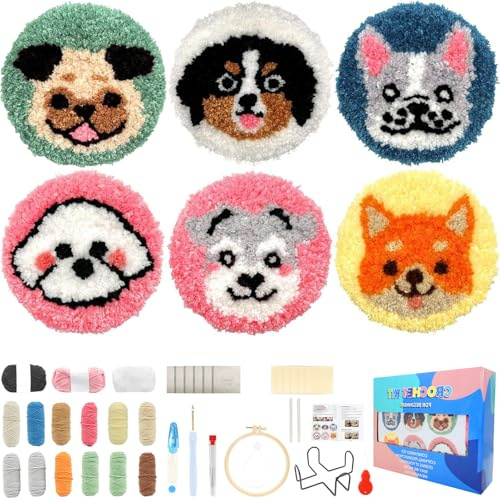 Hanrd Juego de 6 Posavasos de Aguja de Perforación, Bricolaje con Temática de Animal, Juego de Bordado Fácil para Principiantes, con Motivos, Hilo, Marco de Bordado, Soporte, Instrucciones