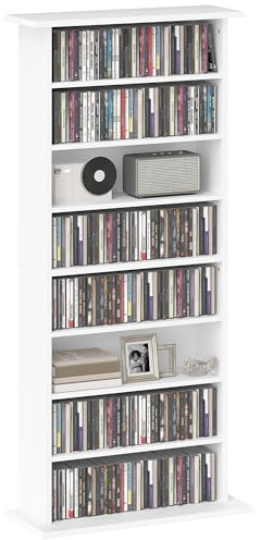 HOMCOM Estantería para CDs y DVDs Soportes para CD Estrechos con 8 Compartimentos Estantes Ajustables para Salón Oficina 58x24x126,3 cm Blanco