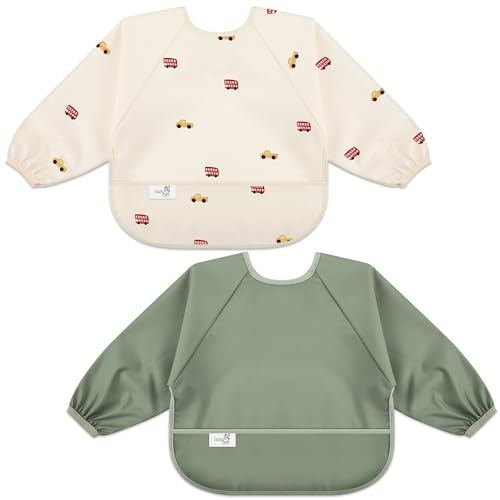 BebeBiu Long Sleeve Baby Bib, Waterproof Weaning Bibs with Catch-All Pocket, 2pk Baby Feeding Bibs, Adjustable Sleeves Toddler bib for 6-24 Months