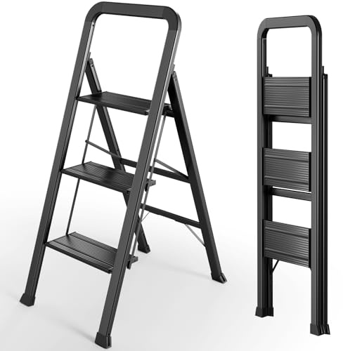 TLGREEN Aluminium stegstege med ledstång 3-stegs fällbar stege | rostsäker halkfri lätt | stående stege hushållsstege multifunktionell | kan belastas upp till 150 kg för kök kontor hem trädgård