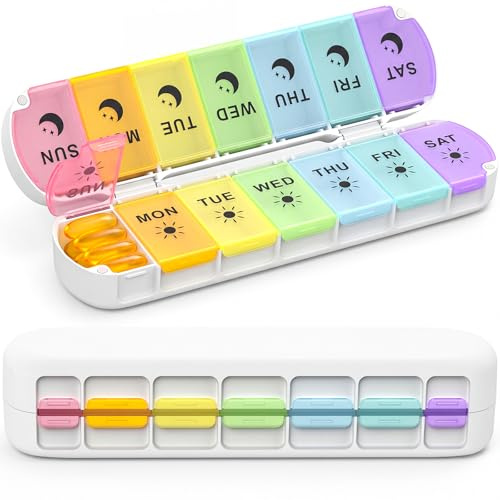mossime Weekly Pill Organiser 2 Times a Day with Magnetic Closure, Rainbow | Foldable magnetic pill box 7 day, large capacity compartments, double protection design prevents spills, compact travel-ready