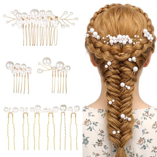 Matwsec 9 Pcs Pearl Hair Pins, Gold Bridal Side Comb, Pearl Headpiece | Wedding Pearl Hair Accessories For Women, Pearl Hair Combs, U Shape Jewelry Head Piece For Brides Bridesmaids Flower Girls
