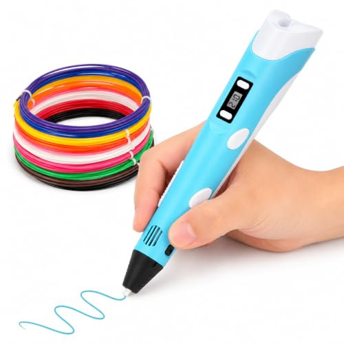 3D Printing Pen Set for Kids & Adults with 12 PLA Filament Colours, USB Powered 3D Drawing Pen, LCD Display, Adjustable Temperature & Speed, Creative Doodle Craft Tool, Blue