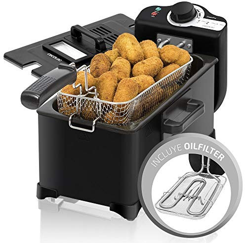 Cecotec Friggitrice Cleanfry 3 l Black. 3 litri di capacità, 2000 W, acciaio inossidabile con rivestimento smaltato in nero. Temperatura regolabile fino a 190°C