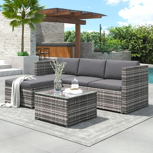 Moimhear Set di divani da salotto in polyrattan, mobili da giardino, set di divani con cuscini di seduta e schienale, tavolo da salotto con piano in vetro, grigio
