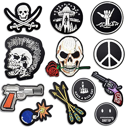 12 Stück Biker Bügelflicken - Motorrad Aufbügler Aufnäher - Punk-Stil Patches - Schädel Patch für DIY Kleidung, Jacken, Jeans, Mäntel, Hüte