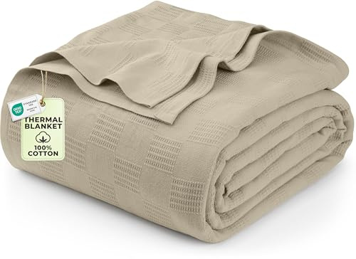 Utopia Bedding 100% Cotton Thermal Blanket Khaki Queen Size Soft, Lightweight, Breathable, Cozy Spring and Summer Blankets for Bed, Home Room Decor Gifts for Women and Men (90x90 Inches)