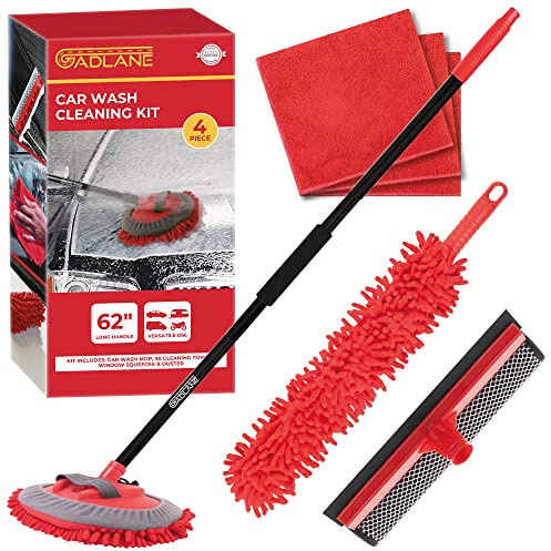 GADLANE Set di 4 Kit Pulizia Auto - Spazzola per Lavaggio Con Manico Pieghevole Lungo 62 e Rimovibile, Guanto, 3 Panni in Microfibra e Spolverino - 4 Pezzi