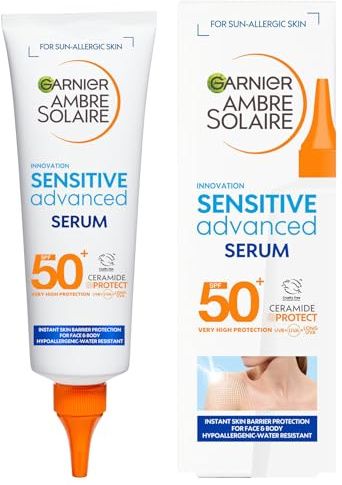 Garnier Ambre Solaire SPF 50+ Sun Protection Serum Face & Body, Non-Sticky, Non-Greasy Fluid Texture, No White Cast, Sensitive Advanced, 125 ml