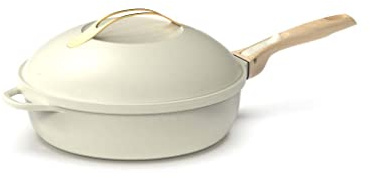 COOKUT - La Fabuleuse poêle 8 en 1 – Un seul ustensile qui remplace poêle, casserole, sauteuse, cocotte - Avec 2 poignées amovibles, panier vapeur/friture, spatule en bois - MERINGUE