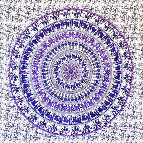 MOMOMUS Tapiz Decorativo de Pared Mandala 135x210 cm, Blanco-Lila | Tapiz mural para pared mediana, con diseño mandala en una cara, caída ligera y fácil de mover, plegar y guardar.