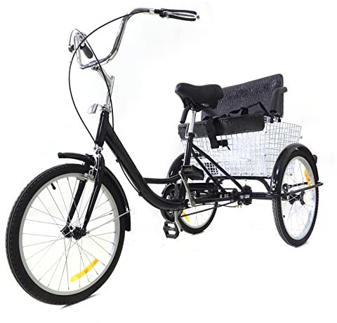 QRANSEUYXY Bicicleta de 20 pulgadas con 3 ruedas, 1 marcha, triciclo de ciudad negro con asiento para niños, cesta plegable de tres ruedas para personas mayores, hombres, mujeres, adultos.