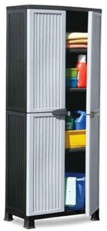 Armoire de Rangement en Plastique avec Portes, Intérieur Placard Haut Noir/Gris, 68 x 39 x 171 cm, avec 3 Étagères de 20 kg Chacune