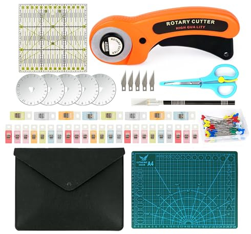96pcs Rotary Cutter Set,Quilting Kit Include 45mm Fabric Cutter with 5 Extra Blades,Patchwork Ruler, Needles, Clips & Pins for Sewing, Scrapbooking, Leather Dressmaking