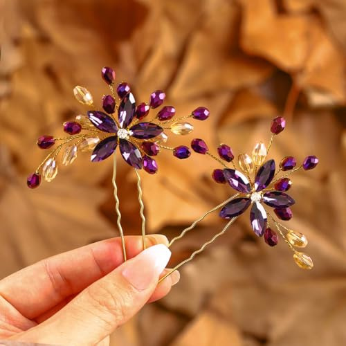 IYOU Mariage Mariée Épingles à Cheveux Violet Fleur Pinces à Cheveux Brillant Strass Baroques Demoiselle D'honneur Promesse Accessoires de Cheveux pour Femmes (Paquet de 2)