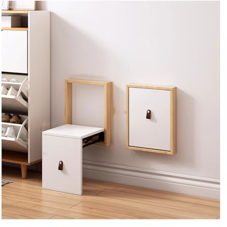 Taburete Para Cambiar Zapatos De Entrada, Banco De Zapatos Plegable De Pared, Asiento De Baño Plegable, Estante Oculto Para Zapatos, Para Baño, Sala De Estar, Baño, Entrada(Color:Blanco de madera)