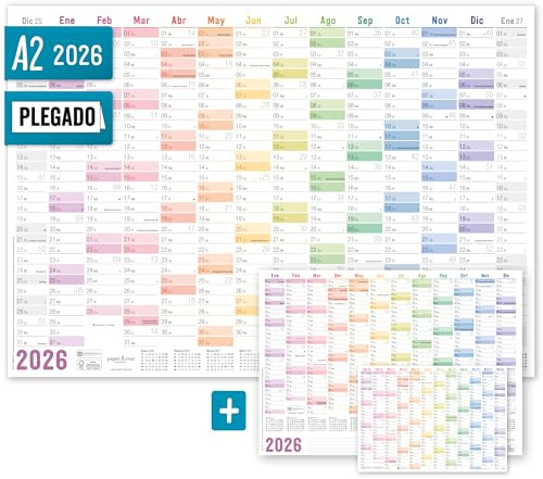 Calendario de pared Häfft® 2026 A2 en español Arco Iris (59,4 x 42 cm) plegado, planificador de pared con los días festivos españoles + calendario extra A3 y A4 - sostenible y respetuoso con el