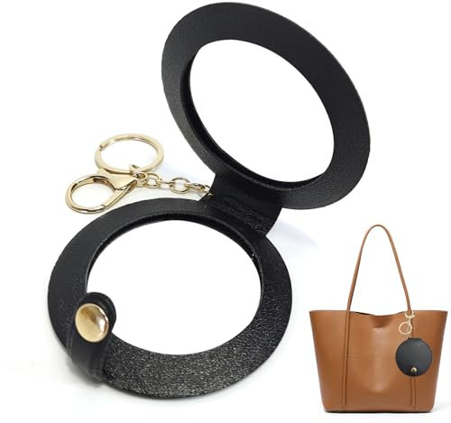 Specchietto da borsa, 3,15 in / 8 cm nero elegante artificiale PU viaggio specchio pieghevole con portachiavi per donne donne ragazze