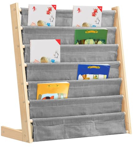 XUANYU - Librería de madera y tela para niños, estantería infantil con estantería, libros para niños, con bolsillo para almacenamiento de juguetes, libros (75 x 30 x 76 cm), color gris