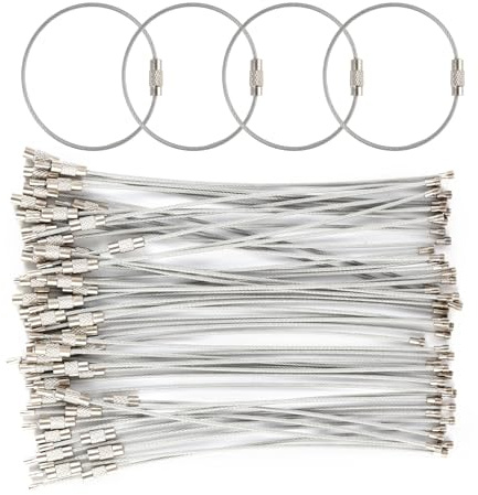 Llaveros de Alambre Acero Inoxidable 50Pzs 15cm - Bloqueo Tornillo Cadenas - Resistentes para Llaves Etiquetas Equipaje Exterior