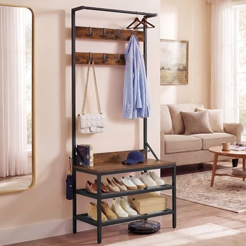 YITAHOME Appendiabiti a 2 ripiani, con porta scarpe, appendiabiti, industriale, con 9 ganci, per corridoio, soggiorno, camera da letto, telaio in metallo, colore giallo