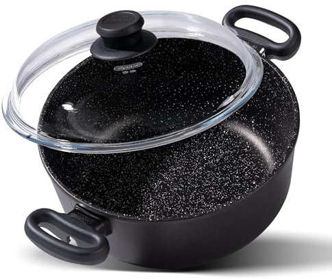 STONELINE Made in Germany Aluguss Topf mit Deckel 24 cm Antihaft Topf Kochtopf Schmortopf Handgegossen Backofenfest Antihaftbeschichtet mit echten Steinpartikeln Induktion Geeignet Verzugsfreier Boden