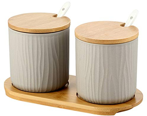 OnePine Set di 2 Zuccheriera, Zuccheriera in Ceramica Rotonda con Coperchio e Cucchiaio, Design Elegante, per Casa e Cucina