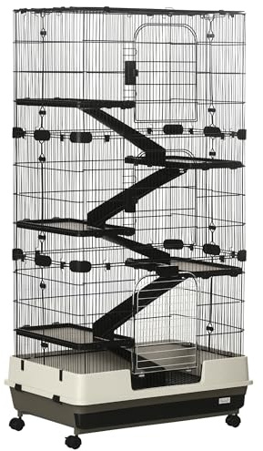 PawHut 59.5 Small Animal Cage with Wheels, 6-Level Portable Bunny Cage, Chinchilla Ferret Cage with Removable Tray, Platform and Ramp