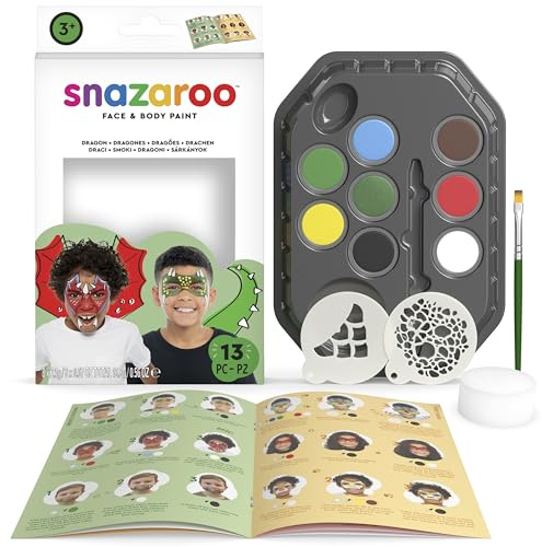 Snazaroo Drakar & Dinosaurier Ansiktsmålning Palettkit för barn och vuxna, 8 färger, 13 st, stenciler, borste, svamp, guide, vattenbaserad, lätt tvättbar, giftfri, smink, kroppsmålning & fester