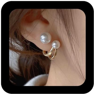 Allereya Vintage Pendientes de Perla Doble Garra Huggie Hoop Earring Oro con Perlas en la Parte Trasera - Joyería para Mujeres y Niñas
