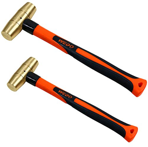 WEDO 2PCS Brass Hammer Set,1lb+2lb,Sledge Hammer Kit,Solid Brass Mallet Hammer,Fiberglass Hammer Handle,Die-Forged, Corrosion Resistant, DIN Standard