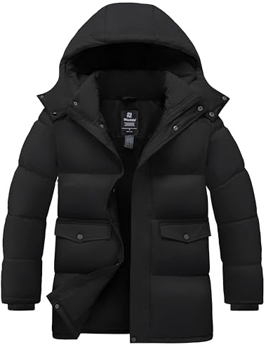 wantdo Men's Windproof Puffer Coats Thicken Parka Coat Rain Jacket with Hood (Black, X-Large)
