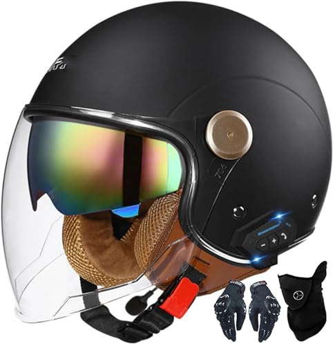 Kcolic Casco Moto Bluetooth 3/4 Cuffie E Microfono Integrati con Visiera Parasole Retrattile Mezzi Caschi Moto Stile Vintage Certificazione DOT/ECE Casco Jet Integrale A