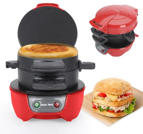Sandwich Toaster Burger Maker, Effiziente Antihaft Heizplatten, Spülmaschinenfest, 600W Brot Grill Backen Toaster Brotmaschine für Frühstück Haus Küche Pfannkuchen Pfanne (Rot)