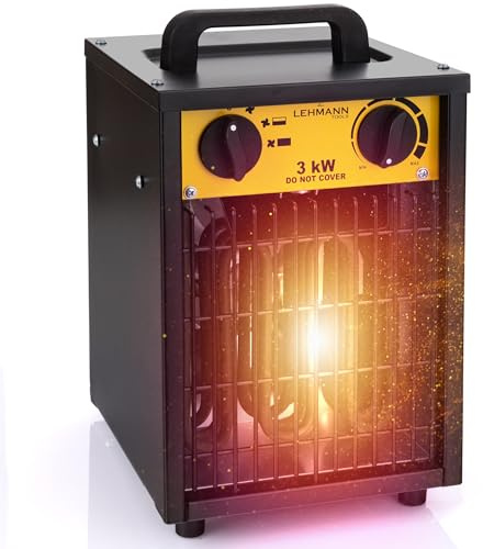 Lehmann elektrische Heizlüfter 3000 Watt, leistungsstarke Bauheizer mit 3 Heizstufen, Elektroheizer mit integriertem Thermostat und Kaltluftgebläse, für Baustellen, Hausgebrauch, Garage, Werkstatt
