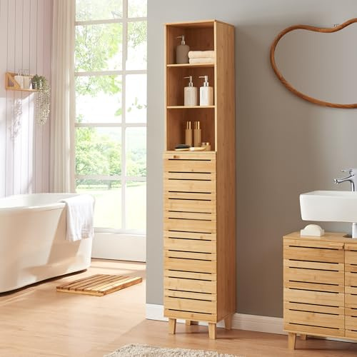 [en.casa] Armario Alto de Baño Epind Mueble Alto de Baño con 1 Puerta y 3 Compartimentos Mueble Auxiliar 180 x 33 x 30 cm Bambú - Natural