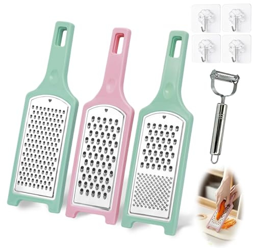 msymsyu Rallador de queso de cocina de 3 piezas, 3 modelos y colores, rallador de mano de acero inoxidable, mango de polipropileno, rallador de parmesano, con pelador, gancho para cítricos, zanahorias