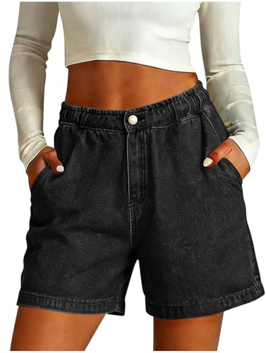 Pantalones Cortos Elástico Mujer Vaqueros Pierna Ancha con Cintura Alta Verano Casual Denim Shorts Talla Grande Pantalon Corto Vaquero Elegantes Comodos Bermudas Jeans Retro Original