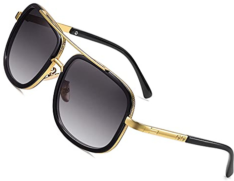 SHEEN KELLY Gafas de sol Grand Pilot Gafas de sol cuadradas retro Gafas de espejo para mujer para hombre Gafas de Metal Oro UV400 Steampunk Half Frame Gradient Glass