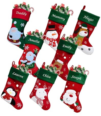 Hoolaroo Personalised Christmas Stockings Custom Red Green Embroidered Christmas Stocking Name Satin Lining - GC4 SNOWMAN - Xmas (40cm) Decorations