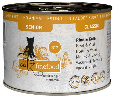 catz finefood Senior N°07 Nourriture humide pour chat au bœuf et au veau – Nourriture humide de qualité supérieure pour votre chat senior – Sans céréales, sans sucre, haute teneur en viande, vitamines