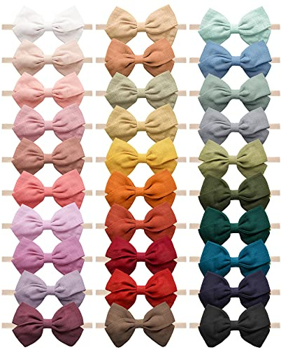 Jesries 30 Pcs Baby Headbands Girls Hair Bows Nylon Hairbands with Linen Bows Handmade Head Accessories for Infant Newborn Toddlers Kids