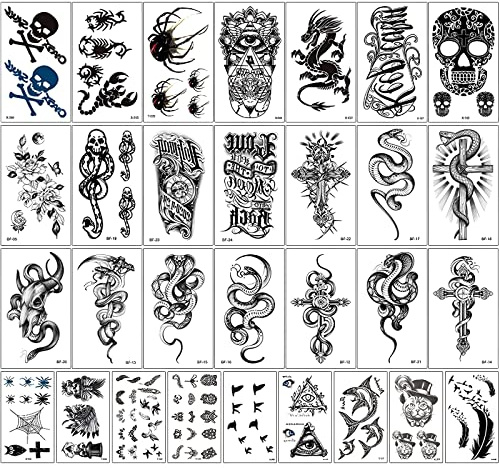 Temporary Tattoos Stickers,30 Sheets Black Temporary Tattoo Stickers,3D Realistic Tattoo Stickers for Adult Women Men Kids,waterproof and Long Lasting body tattoos