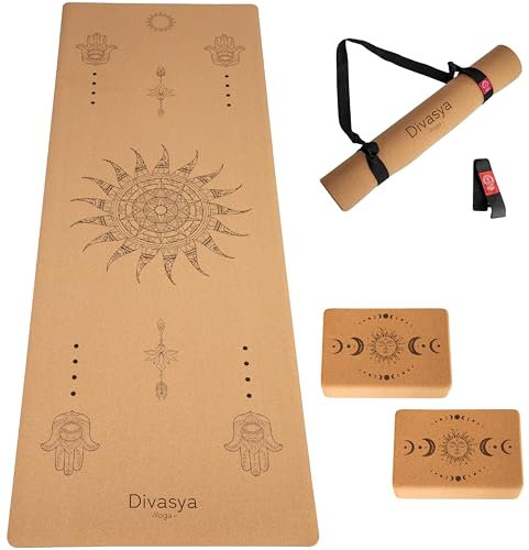 DIVASYA Premium Yogamatte Kork rutschfest: SET mit 2 Blöcken, Naturkautschuk rutschfest & Kork, großzügige Maße (183x66x0,4cm), Yoga Matte Kork rutschfest, Tragegurt, nachhaltig & schadstofffrei
