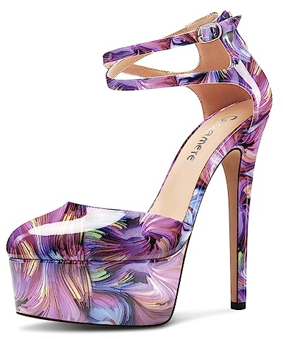 Castamere Femmes Aiguille Haut High Plate-Forme Talon Heel Rond Bout Lanières Cheville Escarpins Mariage Danse Dress 15 CM Heels Vortex Violet 37 EU