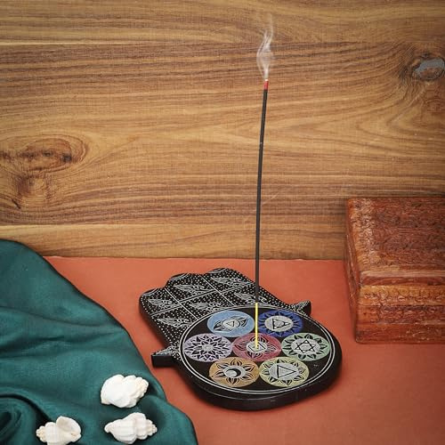 Ajuny handgjord marmor-täljstensrökelsehållare, rökelsekärl med Hamsa handsnideri, meditationstillbehör, dekorativ askfångare, doftdekoration för hem och kontor – 19,1 x 15,2 cm