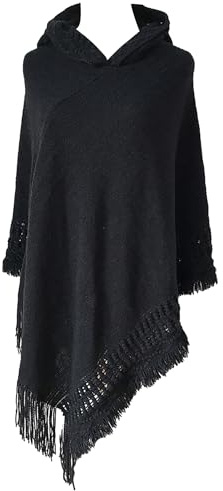 OMZIN Lässiger Damen Pullover mit Quastensaum Langer Strickponcho mit Kapuze Stilvoller Warmer Einfarbiger Mantel Schwarz