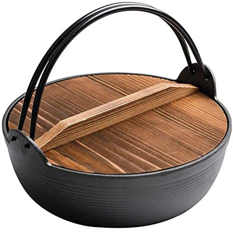 Japansk Stil Gjutjärn Shabu Shabu Hot Pot Sukiyaki Pan Sukiyaki Non-Stick Open Fire Camping Kök Induktionskokkärl Med Trälock Och Ett Enda Handtag