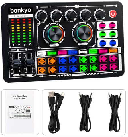 Bonkyo Tarjeta de sonido F999 - Mezclador de audio USB para juegos, transmisión, podcasting y canto - Compatible con iOS, Windows y Android - Sonido envolvente 5.1